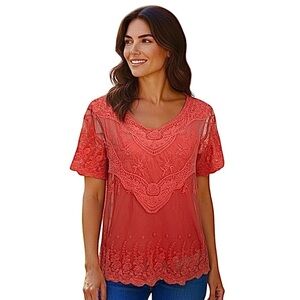 Sfera Coral Sheer Lace Embroidered Short Sleeve Top M